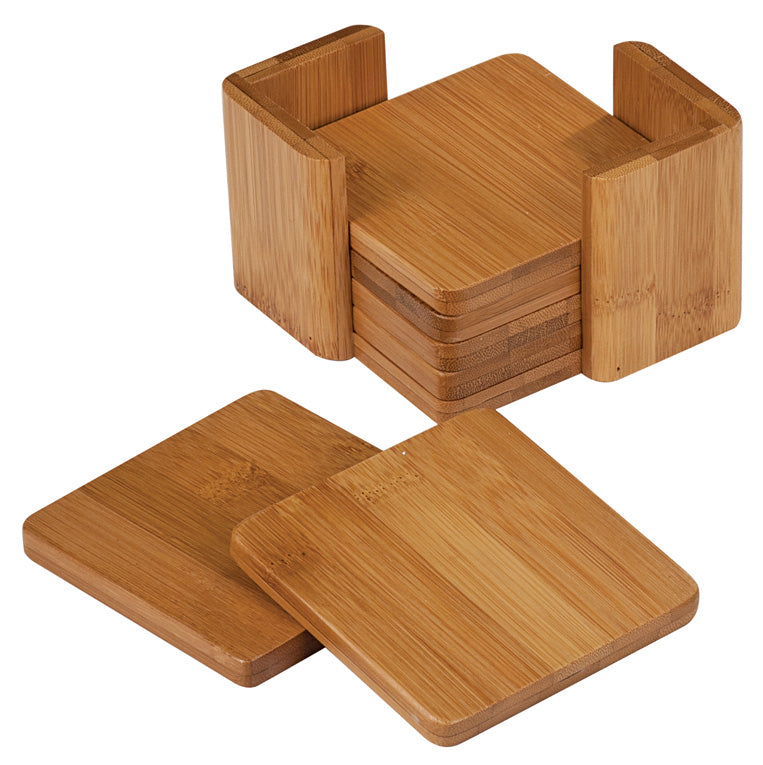 3 3/4'' x 3 3/4'' Bamboo Square 6-Coaster Set with Holder